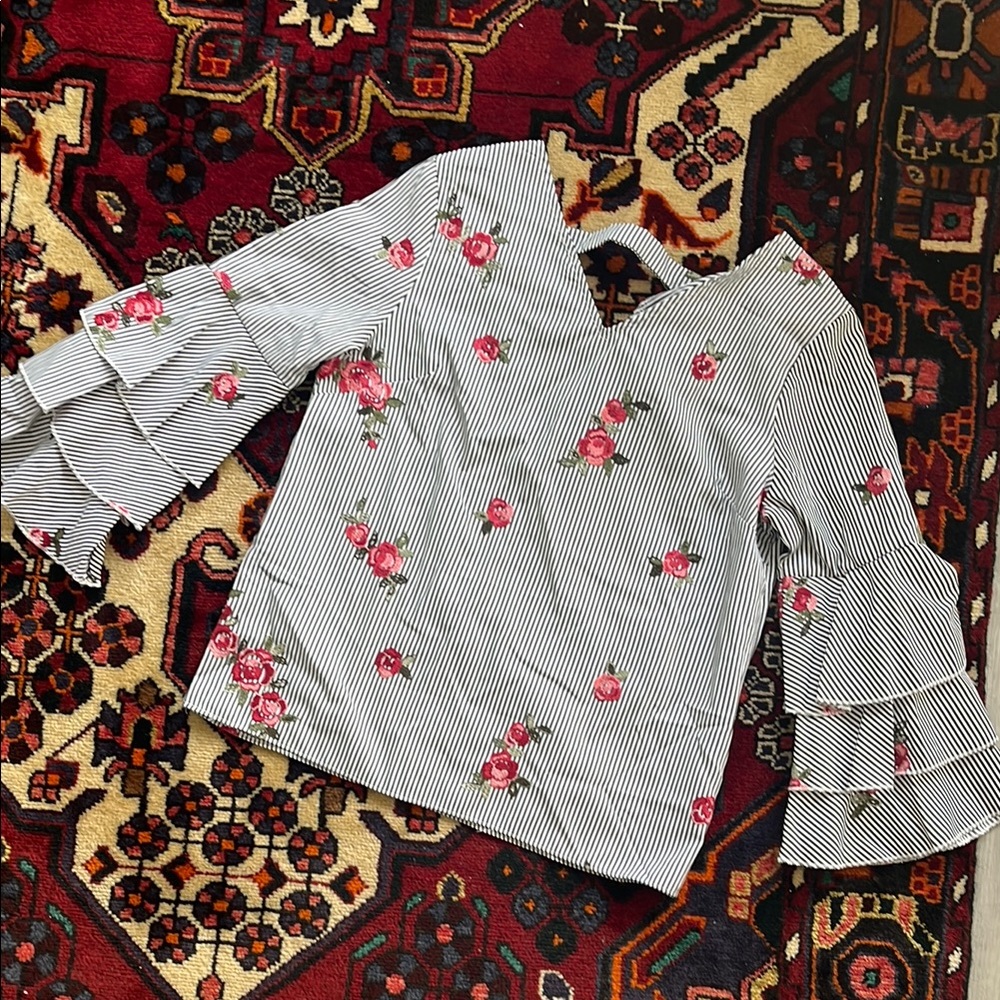 Striped Floral Embroidered Ruffled 3/4 Sleeve Blouse